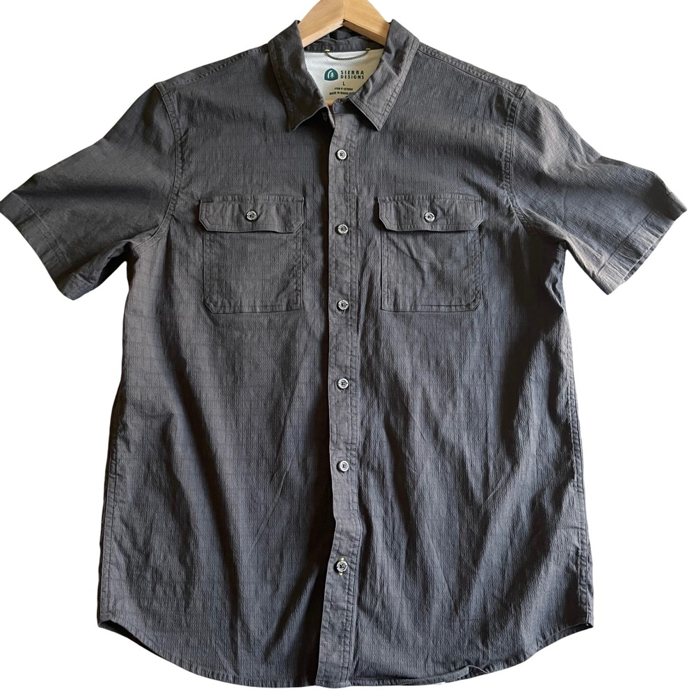 Sierra Designs Tech Shirt Mens Large Grey Short Sleeve Button Down Gorpcore